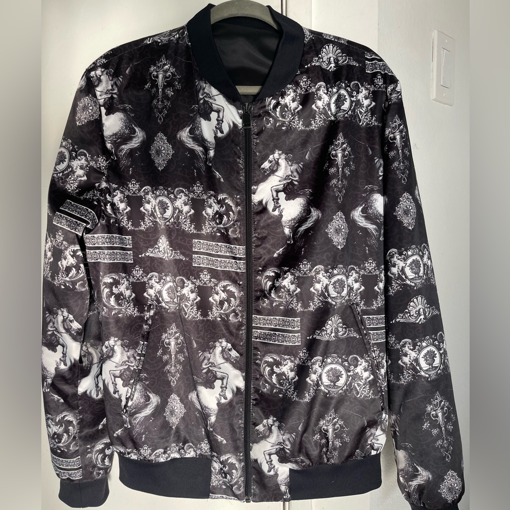Zara Black Bomber Jacket With White Equestrian Print And Peach Trim